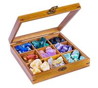 Curawood Rock Display Case - 20,3 x 20,3 cm Rock Collection Box per bambini e adulti - Supporto in cristallo per pietre display scaffale con 9 scomparti e coperchio in acrilico - Scatola organizer per