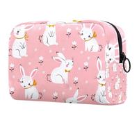 Cure Bunnies and Floral in Pink Cosmetic Bag per donne, beauty case da viaggio grande borsa organizer con cerniera, Multi, 18.5x7.5x13cm/7.3x3x5.1in, Beauty case