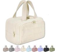 Cureaway Travel Cosmetic Bag, Large Capacity Wide-Open Travel Cosmetic Bag,4-In-1 Puffy Multi-Functional Waterproof Portable Pouch Open Flat Toiletry Bag for Women with Divider and Handle (Beige)