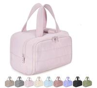 Cureaway Travel Cosmetic Bag, Large Capacity Wide-Open Travel Cosmetic Bag,4-In-1 Puffy Multi-Functional Waterproof Portable Pouch Open Flat Toiletry Bag for Women with Divider and Handle (Pink)