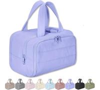 Cureaway Travel Cosmetic Bag, Large Capacity Wide-Open Travel Cosmetic Bag,4-In-1 Puffy Multi-Functional Waterproof Portable Pouch Open Flat Toiletry Bag for Women with Divider and Handle (Purple)