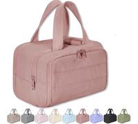Cureaway Travel Cosmetic Bag, Large Capacity Wide-Open Travel Cosmetic Bag,4-In-1 Puffy Multi-Functional Waterproof Portable Pouch Open Flat Toiletry Bag for Women with Divider and Handle (Pink2)