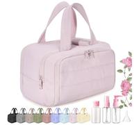 Cureaway Travel Cosmetic Bag, Large Capacity Wide-Open Travel Cosmetic Bag, 4-In-1 Puffy Multi-Functional Toiletry Bag, Open Flat Makeup Bag for Accessories, Essentials, Toiletries (Pink)