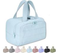 Cureaway Travel Cosmetic Bag, Large Capacity Wide-Open Travel Cosmetic Bag,4-In-1 Puffy Multi-Functional Waterproof Portable Pouch Open Flat Toiletry Bag for Women with Divider and Handle (Blue)
