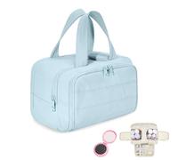 Cureaway Travel Cosmetic Bag, Large Capacity Wide-Open Travel Cosmetic Bag, Puffy Cosmetic Makeup Bags Organizer with Handle for Accessories, Essentials, Toiletries (Blue)