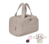 Cureaway Travel Cosmetic Bag, Large Capacity Wide-Open Travel Cosmetic Bag, Puffy Cosmetic Makeup Bags Organizer with Handle for Accessories, Essentials, Toiletries (Brown)