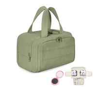 Cureaway Travel Cosmetic Bag, Large Capacity Wide-Open Travel Cosmetic Bag, Puffy Cosmetic Makeup Bags Organizer with Handle for Accessories, Essentials, Toiletries (Green)