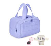 Cureaway Travel Cosmetic Bag, Large Capacity Wide-Open Travel Cosmetic Bag, Puffy Cosmetic Makeup Bags Organizer with Handle for Accessories, Essentials, Toiletries (Purple)