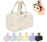 Cureaway Travel Cosmetic Bag, Large Capacity Wide-Open Travel Cosmetic Bag, Waterproof Portable Pouch Open Flat Toiletry Bags, Dry-and-Wet Separation, for Women with Divider and Handle (beige)