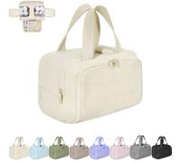 Cureaway Travel Cosmetic Bag, Large Capacity Wide-Open Travel Cosmetic Bag, Waterproof Portable Pouch Open Flat Toiletry Bags, with Divider and Handle (Beige,one size)
