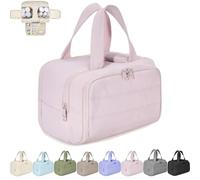 Cureaway Travel Cosmetic Bag, Large Capacity Wide-Open Travel Cosmetic Bag, Waterproof Portable Pouch Open Flat Toiletry Bags, with Divider and Handle (Pink,one size)