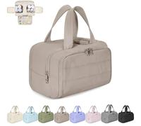 Cureaway Travel Cosmetic Bag, Large Capacity Wide-Open Travel Cosmetic Bag, Waterproof Portable Pouch Open Flat Toiletry Bags, with Divider and Handle (Khaki,one size)
