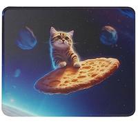 Curious Cat Flying A Pizza in Astronaut Space Tappetino Mouse Portatile Mousemat Confortevole Tappetini per Il Mouse per Ufficio Gioco Casa 25X30Cm
