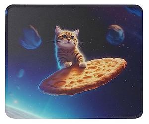 Curious Cat Flying A Pizza in Astronaut Space Tappetino Mouse Portatile Mousemat Confortevole Tappetini per Il Mouse per Ufficio Gioco Casa 25X30Cm