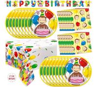 Curious George - Decorazioni per feste di compleanno Curious George, con licenza ufficiale, per 16 ospiti, piatti, tovaglioli, striscioni, tovaglie, adesivi