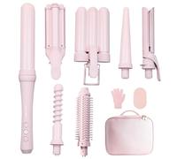 Curling Iron Set 7 in 1, Multi Curler Wall Set con 5 barre interchangeable (0,6 "-1,25"), Crimper Styling Tools, Heated Round Brush, Hair Radightener, Ceramic Coating with Pink Gift Package
