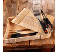 Curry Master Set da barbecue per uomini, regalo in scatola di legno, set di posate per barbecue in acciaio inox, spatola 3 in 1 e spazzola per la pulizia, ideale come regalo per uomini