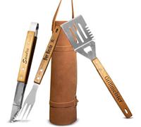 Curry Master Set per barbecue da uomo, regalo in pelle, set di posate per barbecue in acciaio inox, spatola 3 in 1 e spazzola per la pulizia, ideale come regalo per uomini