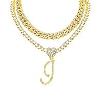Cursive Silver Initial Pendant Necklace for Women Miami Cuban Link Chain Layered Heart Shape Bling Diamond Iced Out Chain Pendant Necklace Hip Hop Jewelry Gift 2pcs Chains