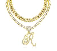 Cursive Silver Initial Pendant Necklace for Women Miami Cuban Link Chain Layered Heart Shape Bling Diamond Iced Out Chain Pendant Necklace Hip Hop Jewelry Gift 2pcs Chains