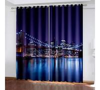 Curtains Design, tende in stile rustico, blu scuro, viola, poliestere, grande città, ponticello notturno, set da 2 pezzi, larghezza 86 x altezza 229 cm