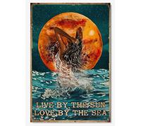 Curteny Targa vintage in metallo con scritta "Mermaid Live by The Sun Love by The Sea Blood Moon" Wall Art Vintage Mermaid Ocean Sea Blue Poster da parete per casa, cucina, bar, caffetteria, 14 x 20