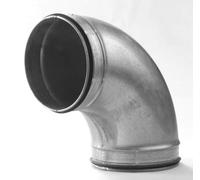 Curva 90 gradi stampata in lamiera di acciaio zincata con guarnizione di tenuta, raccordo per condotte con tubo spiralato in impianti di distribuzione aria e ventilazione. (Diametro 150)