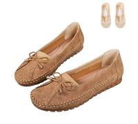 Curvahouse Orthopedic Leather Shoes, Lightweight Anti-Slip Breathable,Dressy Slip-On Bow-Knot Flats Loafers for Women (Khaki,32 2/3)