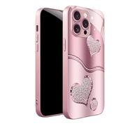 Curve Double Heart Hard Case for iPhone 17/16/15/14 Pro Max, Sparkling Heart Hard Tempered Glass Case for iPhone, Full-Coverage Drop-Proof (Style C,15 Plus)
