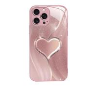 Curve Double Heart Hard Case for iPhone 17/16/15/14 Pro Max, Sparkling Heart Hard Tempered Glass Case for iPhone, Full-Coverage Drop-Proof (Style A,15)