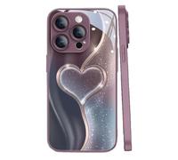 Curve Double Heart Hard Case for iPhone 17/16/15/14 Pro Max, Sparkling Heart Hard Tempered Glass Case for iPhone, Full-Coverage Drop-Proof (Style B,15 Pro)