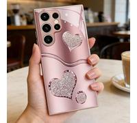 Curve Double Heart Hard Case for Samsung S25/S24/S23/S22/S21 Series, Sparkling Full Coverage Tempered Glass Protective Cases (Pink,S22 Plus)