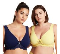 Curve Muse Da Donna Sfoderato Ferretto Pizzo Reggiseno con Imbottito Spalla Cinghie - Confezione da 2-Blu Marino,Giallo Chiaro-9C-V2