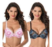 Curve Muse da Donna Taglia Grossa Piena Copertura Leggermente Imbottito Ferretto Reggiseno in Pizzo-Confezione da 2-Nero/Blu,Crema/Fucsia-5C