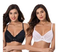 Curve Muse Reggiseno a balconcino semitrasparente in pizzo con ferretto e orli smerlati (confezione da 2 o 3), Crema, nero (confezione da 2), 4E