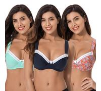 Curve Muse - Reggiseno in Cotone con Balconcino Sfoderato con Ferretto e Taglie Forti da Donna-Confezione da 3-Marina Militare,Lt Verde,Stampa Arancione-7E