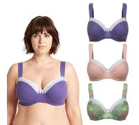 Curve Muse - Reggiseno in Cotone con Balconcino Sfoderato con Ferretto e Taglie Forti da Donna-Confezione da 3-Rosa Lt, Viola, Verde Stampa-7D