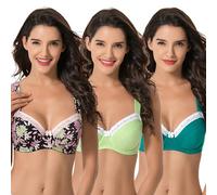 Curve Muse - Reggiseno in Cotone con Balconcino Sfoderato con Ferretto e Taglie Forti da Donna-Confezione da 3-Verde Scuro,Limone,Stampa Nera-7F
