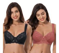 Curve Muse Reggiseno in Pizzo con Ferretto Sfoderato Taglie Forti con Spallacci Imbottiti-Confezione da 2-Rosa,Nero-7D