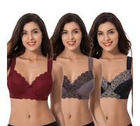 Curve Muse Taglia Grossa Reggiseni Senza Fili sfoderati Minimizer con Pizzo Ricamato-3 Confezioni-Borgogna,Nero,Grigio-6C