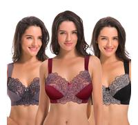 Curve Muse Taglia Grossa Reggiseni Senza Fili sfoderati Minimizer con Pizzo Ricamato-3 Confezioni-Grigio,Bordeaux,Nero-7E
