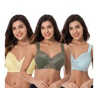 Curve Muse Taglia Grossa Reggiseni Senza Fili sfoderati Minimizer con Pizzo Ricamato-3 Confezioni-Yellow,Light Blue,Hunter Green-5D