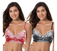 Curve Muse Taglie Forti da Donna, Balconcino Semitrasparente Sfoderato, Reggiseno in Pizzo con Ferretto-Confezione da 2-Nero,Rosso-10F