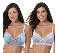 Curve Muse Taglie Forti da Donna, Balconcino Semitrasparente Sfoderato, Reggiseno in Pizzo con Ferretto-Confezione da 2-Rosa,Azzurro-10F