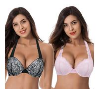 Curve Muse - Taglie Forti Donna Aggiungere 1 Tazza e Mezza Reggiseni Push up Convertibili con Ferretto-Confezione da 2-Nero,Rosa-8D-V2