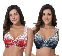 Curve Muse Taglie Forti Donna,Minimizer Sfoderato,Senza Filo,Reggiseni a Copertura Totale in Pizzo-Confezione da 2-Black,Red-7D