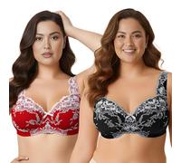 Curve Muse Taglie Forti Donna,Minimizer Sfoderato,Senza Filo,Reggiseni a Copertura Totale in Pizzo-Confezione da 2-Black,Red-8C