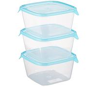 Curver Fresh'n Go - Set di 3 scatole per Alimenti Trasparenti (3 x 1,2 cm), Adatte al microonde, lavastoviglie, congelatore, 15,5 x 15,5 x 12 cm, Colore: Blu