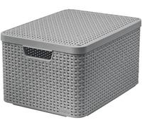 Curver Rattan Style - Scatola portaoggetti con coperchio, in plastica, in materiale riciclato almeno il 70% (grigio chiaro, L: 44,5 x 33 x 24,8 cm)
