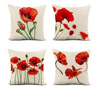 Cuscini per Divano 40x40 cm Copricuscino Impermeabili Lino Cuscini da Esterno Set di 4 Quadrate Federe Cuscini Divano Federe per Cuscini Decorativi, per Giardino Auto Camera Sedia, Papaveri Rossi B2